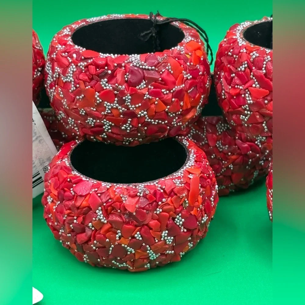 NWT Pier 1 Imports Red Mosaic Coral Rocks Napkin Rings Set Of 8